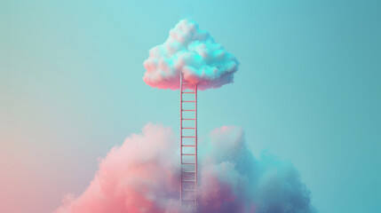 Ladder reaching towards a fluffy pink and blue cloud
