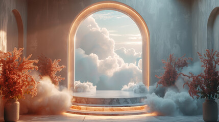Archway with clouds and decorative plants in a surreal interior