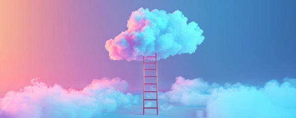 Ladder reaching a cloud in a colorful sky