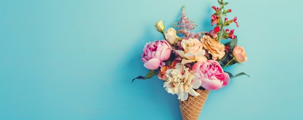 Floral arrangement in an ice cream cone on a blue background