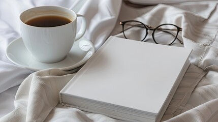 a white book mockup, accompanied by a steaming cup of coffee and a pair of glasses resting on a rumpled bed. - obrazy, fototapety, plakaty