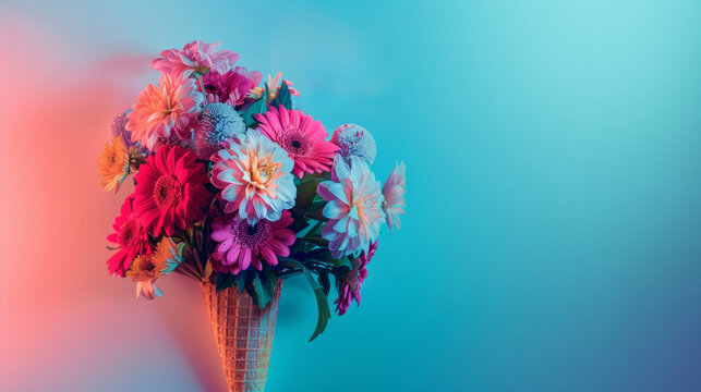 Colorful flowers arranged in ice cream cone against gradient background