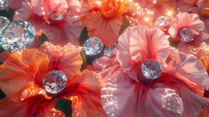   A cluster of flowers with diamonds nestled among their petals, adorned by numerous water droplets