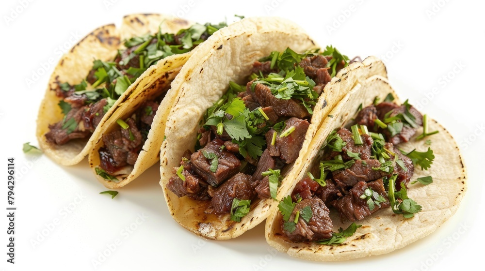 Sticker Tasty tacos featuring meat and parsley on a white background