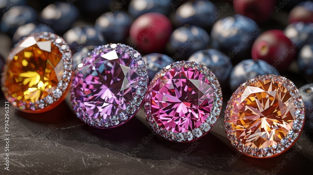 Wall mural   A row of differently colored diamonds lies atop a black surface, surrounded by blueberries in the background