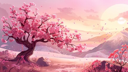 Cherry blossom paradise at sunset - obrazy, fototapety, plakaty