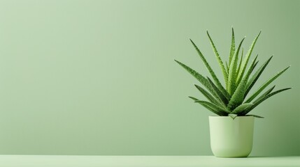 Green aloe vera plant in a white pot on a light green background