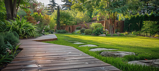 Backyard With Wooden Deck and Stone Walkway