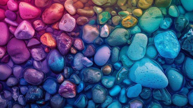 Colorful wet pebbles under soft lighting