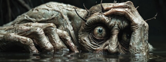 A sinister presence, its massive eye glowing, dwells within the shadowed depths of the swamp, a chilling sight to behold. - obrazy, fototapety, plakaty