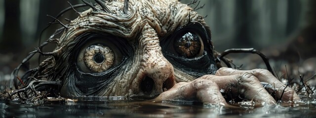 In the eerie depths of the swamp, a malevolent demon with a massive eye at its core haunts the murky waters.