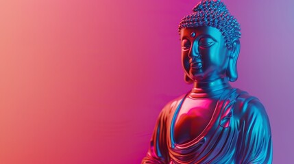 Colorful neon lit Buddha statue on gradient background