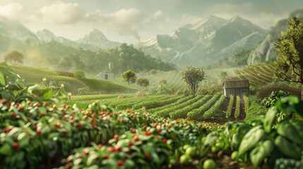A lush green field with a small house in the distance