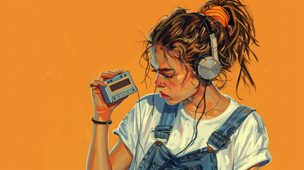 A teenage girl with a scrunchie in her hair and denim overalls, holding a Walkman and listening to her favorite cassette tape, Teenage, 90s, Portrait - obrazy, fototapety, plakaty