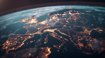Earth's continents illuminated by artificial light at night, as seen from space. - obrazy, fototapety, plakaty