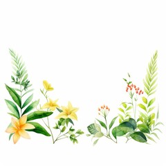Vibrant tropical spring botanicals in watercolor, lush green leaves and flowers on a pure white background, water color, drawing style, isolated clear background