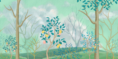 Cloudy forest landscape with lemon tree in mint green pastel color