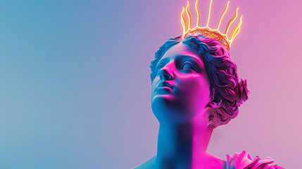 Neon-lit classical statue with a glowing crown