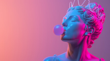 Bust of a woman with a crown with neon lighting blowing a pink bubble gum