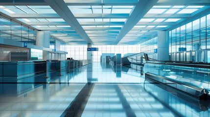 A large airport terminal with a blue ceiling and white walls
