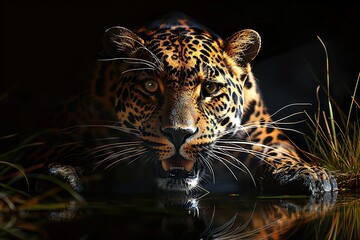 A Leopard’s Intense Gaze, Vivid Spots, and Powerful Jaw Against the Mysterious Shadows of a Black Background.