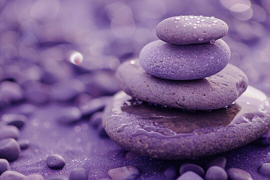 Purple pebbled texture. Scattered sea pebbles. Colorful smooth stones. Large violet pebbles. Decorative rocks pile. Minimal style flat lay, concept of calm, peace, meditation. Creative summer pattern.