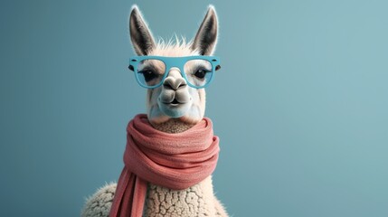 Naklejka premium Stylish llama wearing blue glasses and a pink scarf