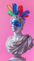 Cultural mask sculpture of a man with colorful feather headpiece on wooden bust statue - obrazy, fototapety, plakaty