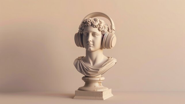 Classical sculpture with modern headphones on pastel background