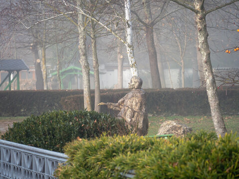 Long rear shot of a statue of Bulgarian seer Grandmother Vanga located near her memorial complex in Rupite