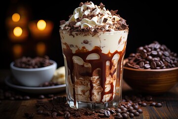 Chocolate Milkshake with whipped cream in a high glass., generative IA