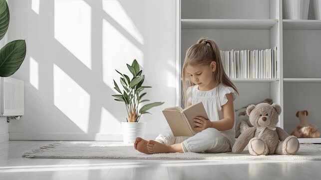 a cute little girl immersed in a book, surrounded by teddy bears, on the floor of a white, modern, minimalist-style home.