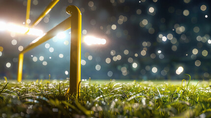 A football field with a yellow goal post and a blurry background