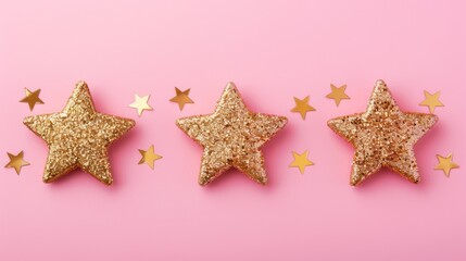 Fototapeta na wymiar Three glittering stars on a pink background