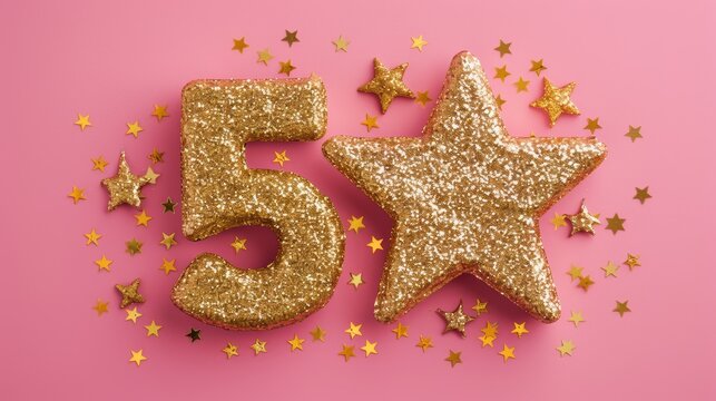 Golden number five and star on pink background