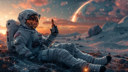 Astronaut relaxing on alien planet with a beer