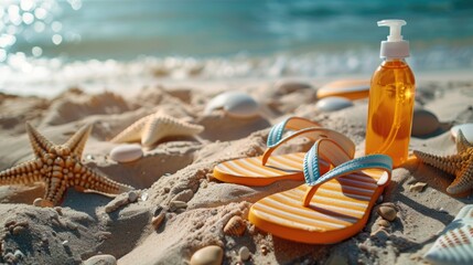 Beach sand with sunscreen and striped flip flops - obrazy, fototapety, plakaty