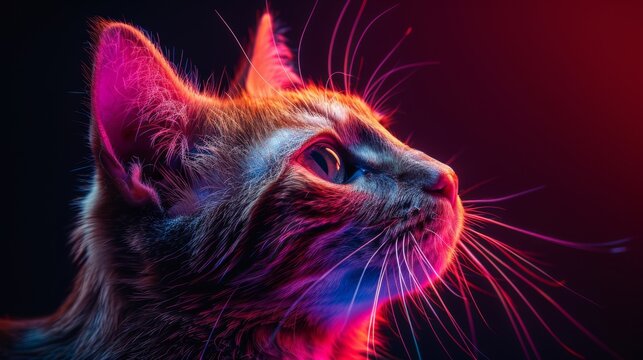 An abstract, neon portrait of a cat looking forward on a purple background. Digital modern graphics.