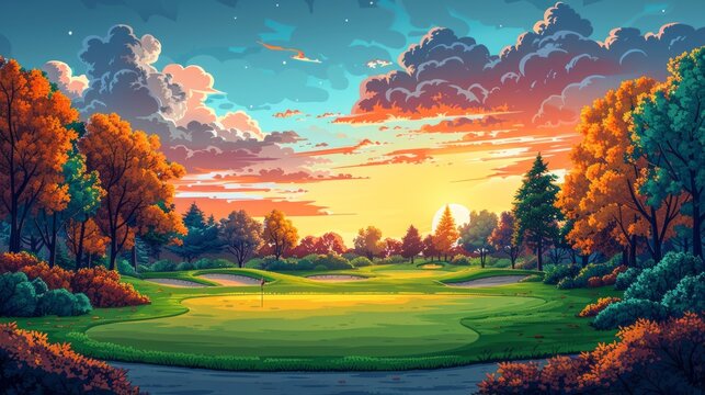 A vibrant painting capturing the beauty of a golf course at sunset. The sky is a warm blend of oranges and pinks, casting a golden glow over the green fairways and bunkers. Golfers are seen finishing