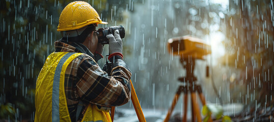 a surveyor who works in adverse conditions such as heavy rain or extreme heat. - obrazy, fototapety, plakaty