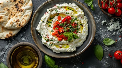 Whipped feta with fried pepper and herb sauce and pita bread to garnish.