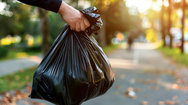 Person holding a black garbage bag in a park