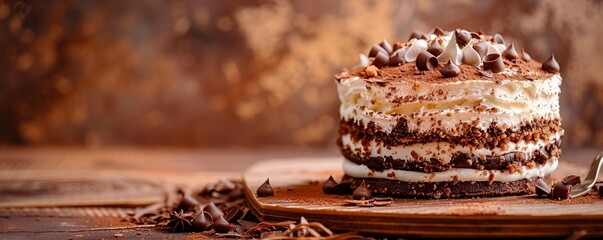 delicious cake on a brown background.