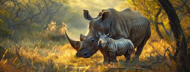 a mother rhinoceros and her calf standing by the side of an African road in South Africa, their white forms contrasting against the lush green grass of the savanna.