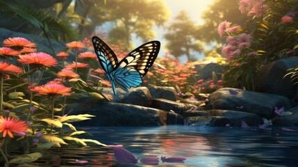 Artistic 3D portrayal of a butterfly in a serene garden, with enhanced depth and realism to bring the scene to life - obrazy, fototapety, plakaty