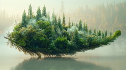 Fantasy landscape with a floating forest island shaped like a feather