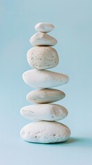 Stack of smooth white stones on a pale blue background