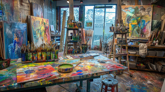 A messy art studio with a table full of paint and brushes