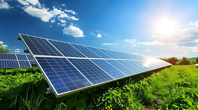 Solar panels on a green field harnessing renewable energy in a modern and sustainable way.