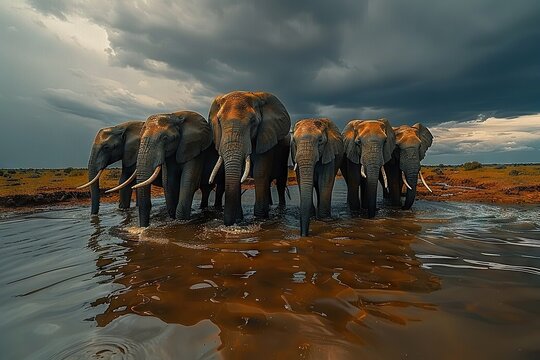 Majestic African Elephants Gather at a Watering Hole, Amidst the Dramatic Stormy Skies of Addo Elephant National Park, Eastern Cape, South Africa